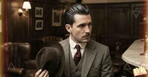 Man with neatly styled oil slick hair, showing a classic slicked-back hairstyle with a glossy finish, demonstrating the modern oil slick hair trend for men.