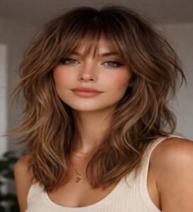 Shag flirty bangs hairstyle offers a cool and relaxed appearance