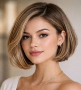The short bob hairstyle presents an elegant and sophisticated expression