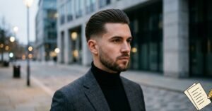 Sharp taper slick hairstyle reflects serious approach