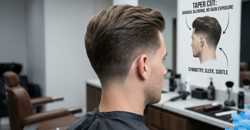 A taper presents a sleek, polished and graceful look with short sides and a bit voluminous top.