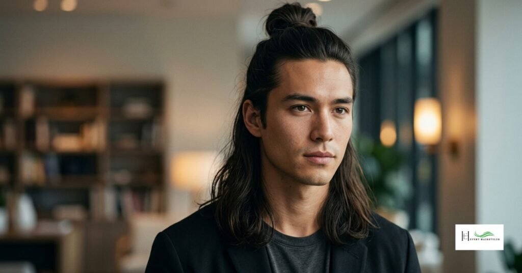 Half up, half down long hairstyle of men is a highly contrasting hairdo that gives a glam look.