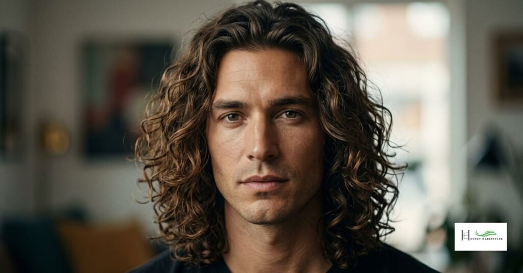 Long curly hairstyle of men shows a face-framing setting that looks subtle and fine.
