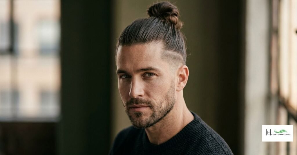 Modern man long hairstyle with bun is a modern, edgy and sharp hairdo.