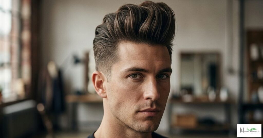 Voluminous pompadour long hairstyle presents a youthful and joyful appearance.