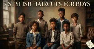 A group of seven diverse young boys demonstrating 7 stylish haircuts for boys, including textured curls, high-top fades, side parts, and natural twists, set in a classic studio environment.