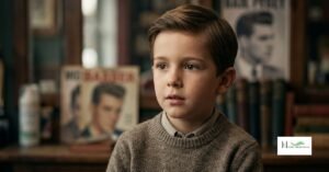 A half pick of a young boy wearing round neck jersey and giving a bold expression of typical old school hairstyle for men while in the background a barber shop with two pics of gentlemen having decent hairstyles and some bottles containing hair related liquids can be seen.