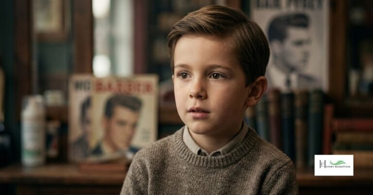 A half pick of a young boy wearing round neck jersey and giving a bold expression of typical old school hairstyle for men while in the background a barber shop with two pics of gentlemen having decent hairstyles and some bottles containing hair related liquids can be seen.
