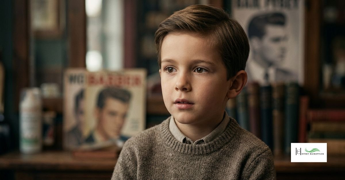 A half pick of a young boy wearing round neck jersey and giving a bold expression of typical old school hairstyle for men while in the background a barber shop with two pics of gentlemen having decent hairstyles and some bottles containing hair related liquids can be seen.
