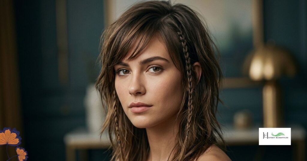A young girl with grave face is presenting side sweeping layers on her brownish hair while the dim background shows cloudy lights.