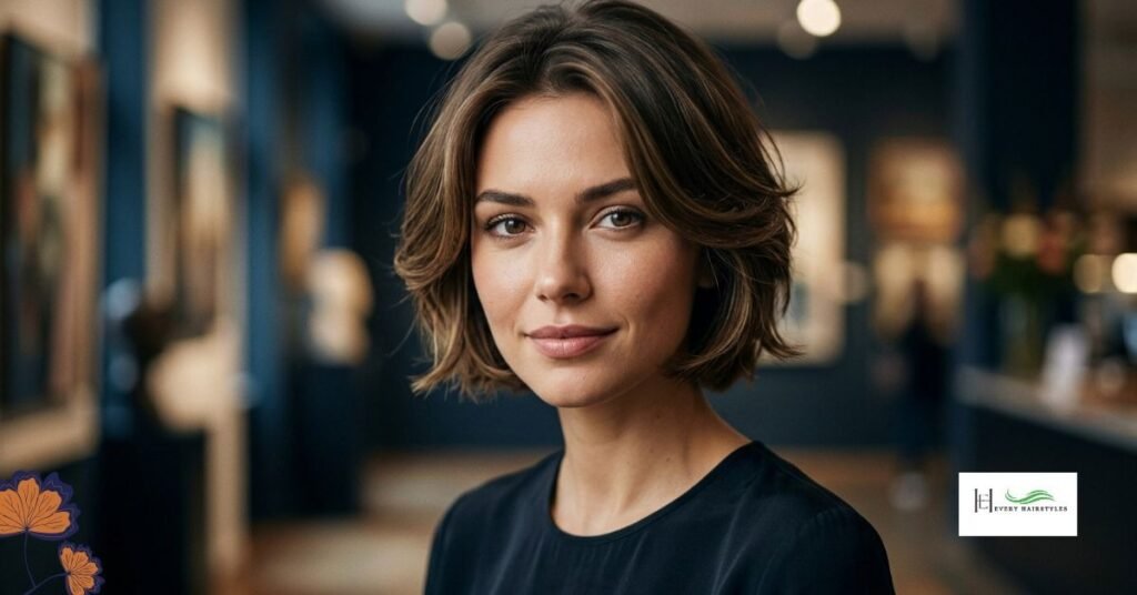 A young woman with inspiring smile and bright eyes is presenting face framing layers hairstyle wearing navy blue round neck T-shirt while the background is blur with dim lights.