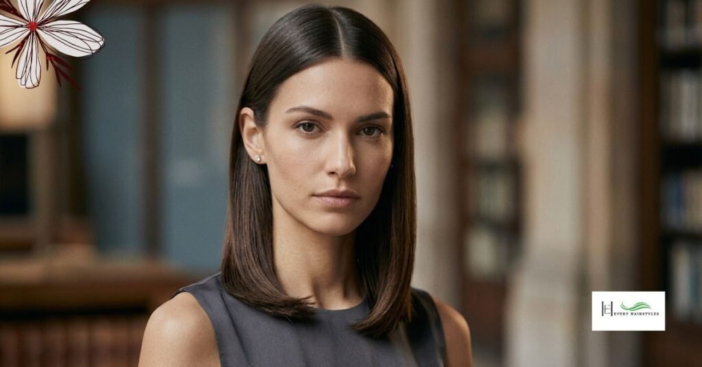  A serious looking girl is presenting straight sleek hairstyle on brownish hair while the background is not visible.