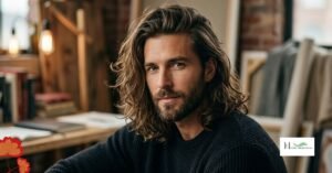A bearded young man showing curly long hair sitting in a spacious display of clothes having some wooden cabinets and rakes with coats and wooden staircase.