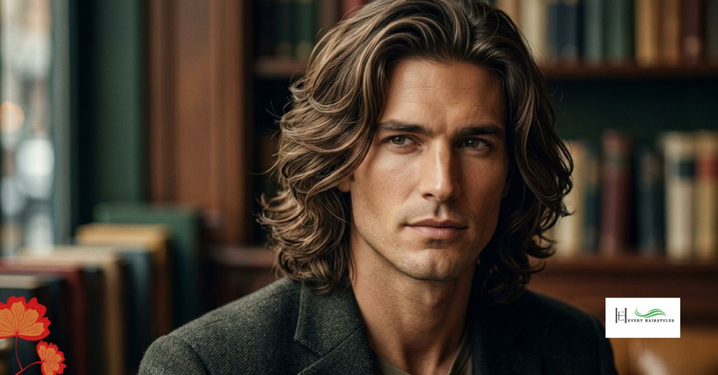 : A clean shaved young man wearing grey coat showing draped wave long hairstyle while cabinet and shelves with books can be seen in the background.