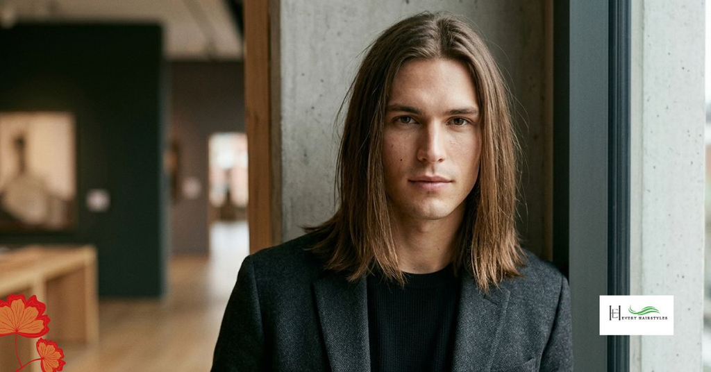 A clean shaved young man wearing a grey coat and black shirt presenting long straight hairstyle standing in a spacious room showing wooden cabinets and shelves in the back ground.