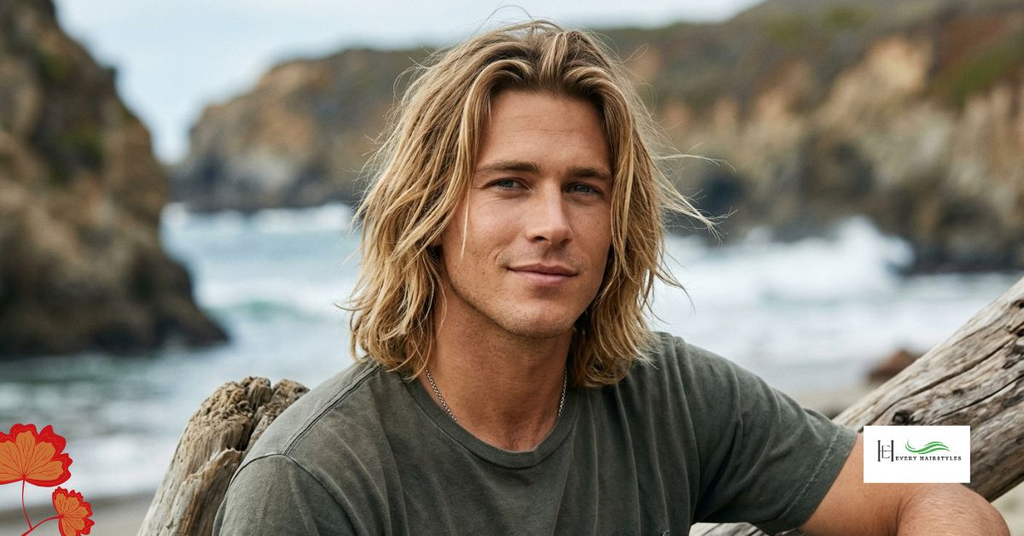 A young man wearing light grey polo shirt is presenting California surfer vibe long hairstyle while a gushing river running through the mountains is visible in the background.