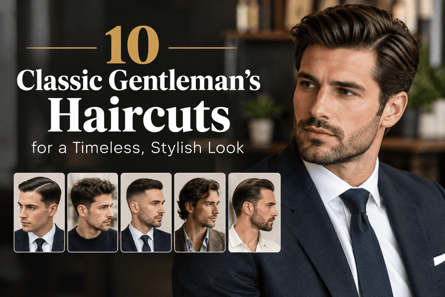 10 classic gentleman’s haircuts for a timeless, stylish look, featuring a side part, textured crop, fade, curly hairstyle, and slicked-back hair.