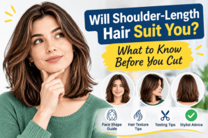 Will Shoulder-Length Hair Suit You? A woman with layered shoulder-length hair alongside chin-length, shoulder-length, and collarbone hairstyles, highlighting face shapes, hair texture, and styling tips.