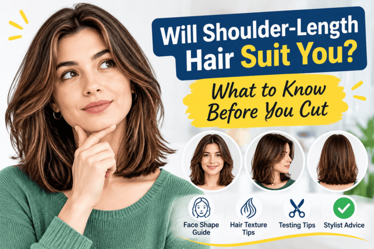 Will Shoulder-Length Hair Suit You? A woman with layered shoulder-length hair alongside chin-length, shoulder-length, and collarbone hairstyles, highlighting face shapes, hair texture, and styling tips.