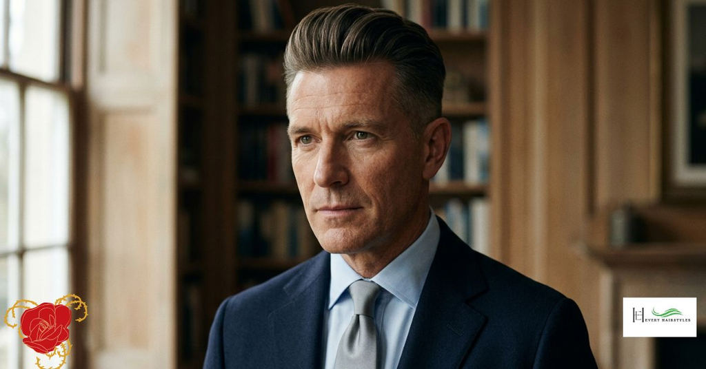 A middle-aged fellow wearing a navy blue coat, sky blue shirt, and grey tie is standing in a room with a glass window, wooden cabinets, and shelves, showing a monarch’s crown comb-over haircut.
