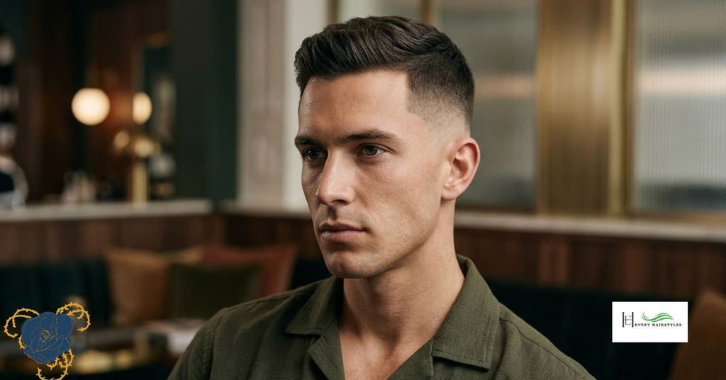 A young man standing in a blurry background of a room with some wooden cabinets, shelves, and dim lights, wearing bottle green shirt showing regal whisper fade.
