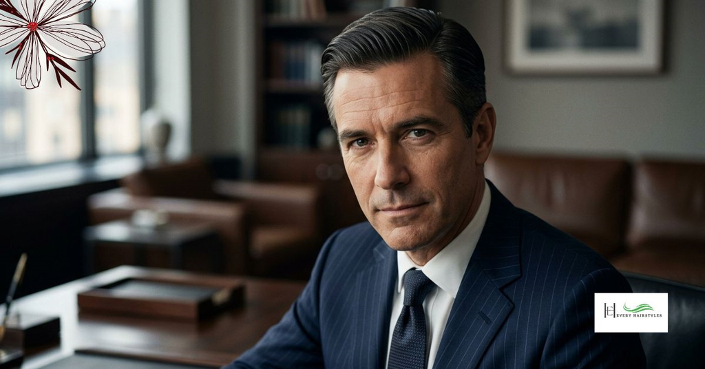 A middle-aged gentleman wearing a navy blue coat and tie over a light blue shirt, sitting on a leather sofa, is showing a silent executive shear haircut.