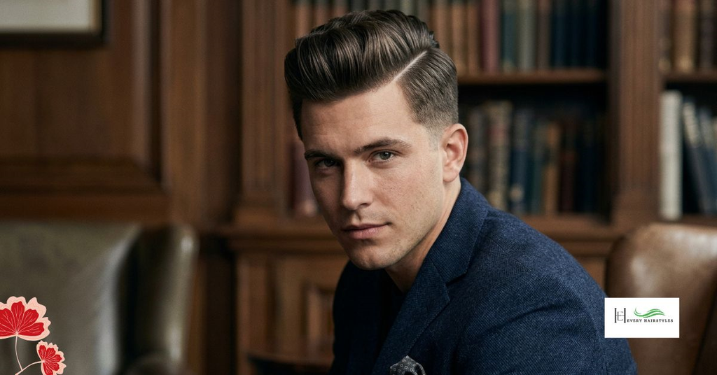 A young man wearing navy blue corduroy shirt standing in a room with wooden cabinets containing a number books is showing valiant cut hard part haircut.