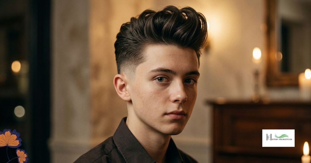 A young man in black corduroy shirt is presenting a candlelit pompadour wisp haircut standing in room with blurry background and dim light of the candles.