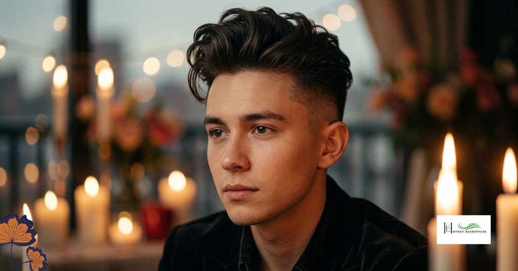 A young man in a black a shirt showing officer’s ghost crew haircut while standing in a room with blurry background however, some candle lights are visible.