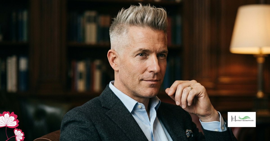 A middle aged fellow wearing black coat and blue shirt showing Baron’s breezy brush up haircut sitting in a room with wooden book cabinet and a table lamp.